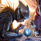 Two characters study an ancient and mysterious artifact.
